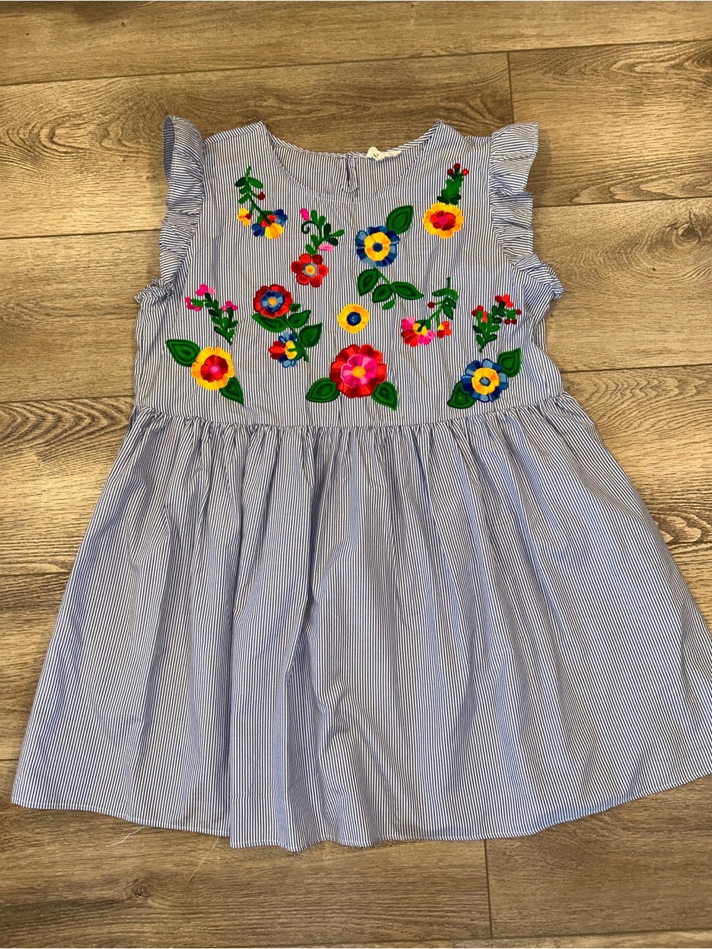 Blue Pinstripe Mini Dress with Multicolor Floral Embroidery